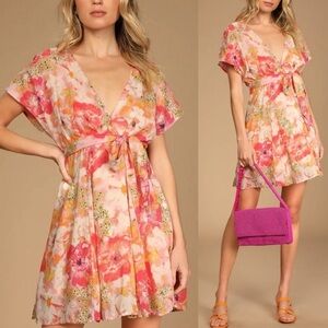 🌻🆕FREE PEOPLE FREDDY TIE SIDE MINI DRESS-SIZE SMALL-FRUIT PUNCH COMBO